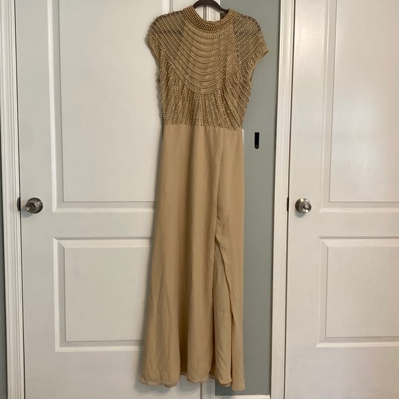 Asos embellished bodice beige dress with high neck and wrap skirt size US 10 - Picture 2 of 11